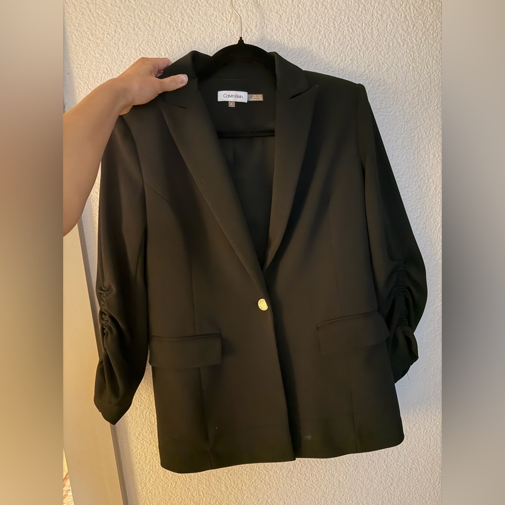 Calvin Klein Black Single-Button Blazer with Ruched Sleeves